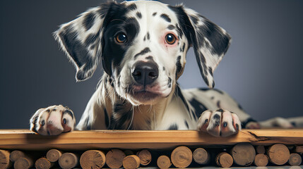 Portrait of a cute dalmatian puppy  looking nosy over a fence 