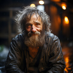 Portrait of a sad looking homeless man who has lost everything; A homeless man with a wet raincoat during the rain
4K(1:1)