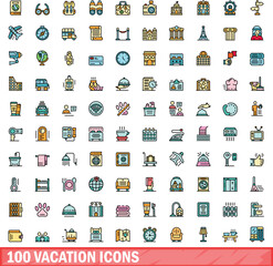 100 vacation icons set. Color line set of vacation vector icons thin line color flat on white