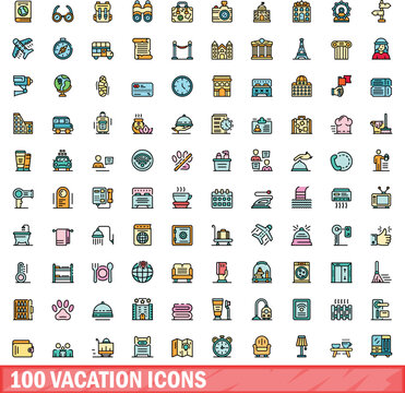100 vacation icons set. Color line set of vacation vector icons thin line color flat on white