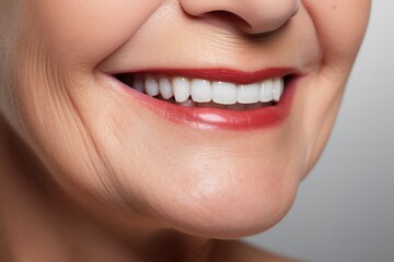 elderly woman's smile close up, old woman with white teeth