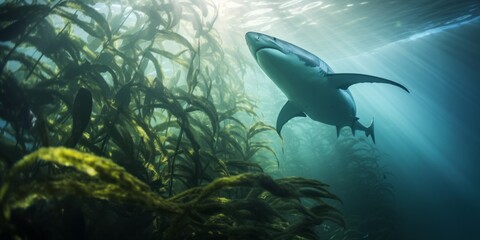 Underwater Thriller: An Evil-Looking Shark Hunts for a Seal Amidst the Oceanic Plant Cover of a Kelp Forest, Capturing the Tension and Drama of Underwater Life