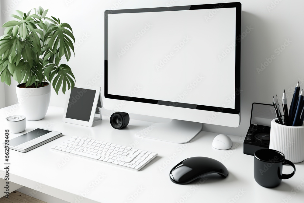 Poster white wooden desk with a computer with a blank screen and office equipment. generative ai
