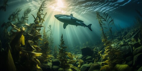 Underwater Thriller: An Evil-Looking Shark Hunts for a Seal Amidst the Oceanic Plant Cover of a Kelp Forest, Capturing the Tension and Drama of Underwater Life
