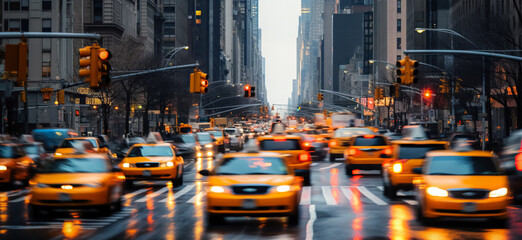 Yellow cabs in Blurred abstract defocused city scene in the style of life in New York City, Times...