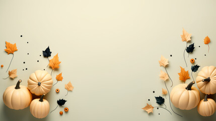 A bunch of pumpkins and leaves in the style of minimalist. Template for Happy Halloween banner with autumn elements