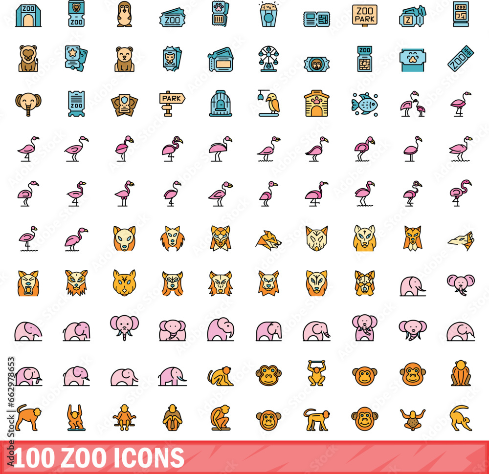Poster 100 zoo icons set. color line set of zoo vector icons thin line color flat on white