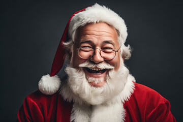 Happy smiling Santa Claus in glasses looking at the camera on a gray background