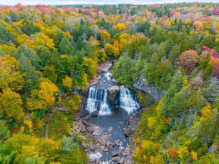 Aerial view of the scenic Blackwater Falls in West Virginia surrounded by fall foliage