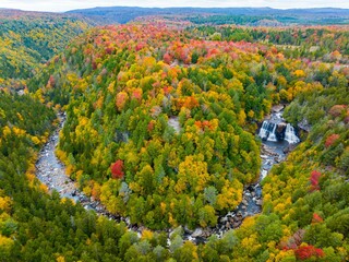 Obraz premium Aerial view of the scenic Blackwater Falls in West Virginia surrounded by fall foliage