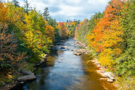 Aerial view of Blackwater River, West Virginia with colorful fall foliage