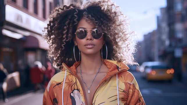 portrait of latin afro girl with sunglasses on the street