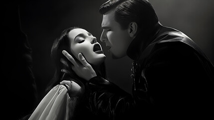 Black and white 1930s inspired, a male vampire is mesmerizing a young woman, preparing to bite her neck for her blood
