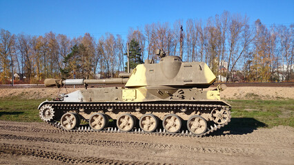 Military exercises. Military equipment moves to the place of the exercise. Military tank for war in...