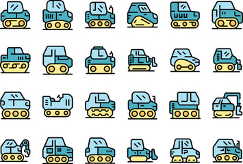 Crawler icons set outline vector. Construction industry. Vehicle machine thin line color flat on white