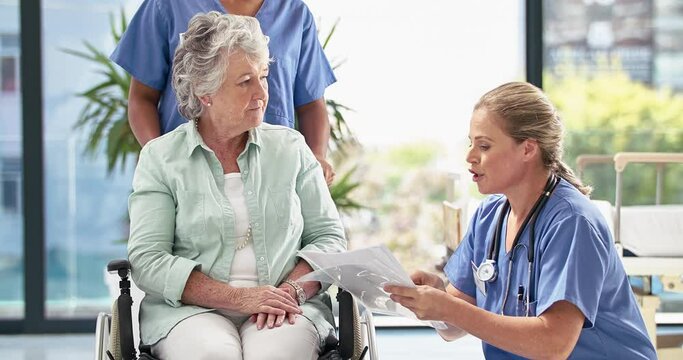 Elderly woman with wheelchair, nurse and paperwork for health insurance, medical results or diagnosis. Senior care, old person and caregiver at nursing home with doctors, advice and rehabilitation.
