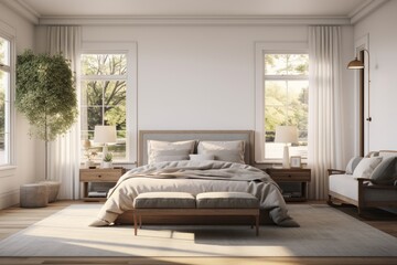 Sunny Spring White Bedroom Oasis, Modern Wooden Decor, Light-filled Space & Lush Greenery Outside - obrazy, fototapety, plakaty