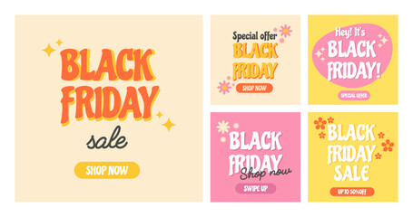 Collection of retro groovy banners for social media and promotion. Colorful and trendy promo backgrounds. Vector illustration.