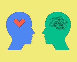 Two humans head silhouette heart and messy lines of thinks. Psychology concept of brain communication between therapist and patient. Vector illustration.
