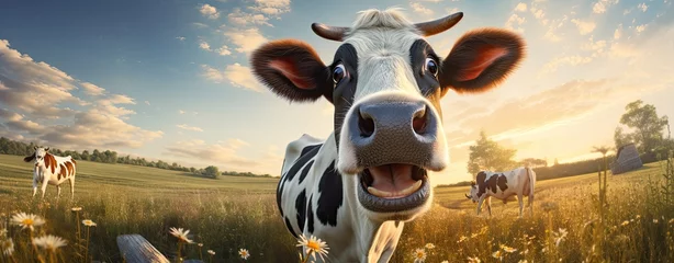 Zelfklevend Fotobehang crazy cow on pasture © neirfy