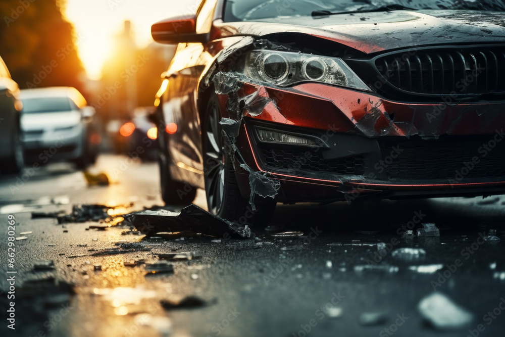 Poster broken car in an accident. crash on the road. background with selective focus and copy space