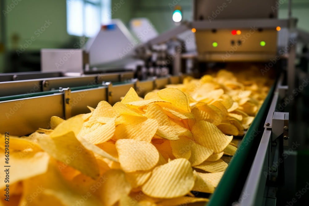 Poster chips factory. production conveyor line. background with selective focus and copy space