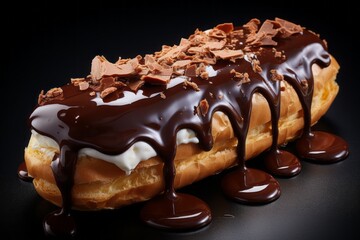 Appetizing chocolate eclair. Traditional American cuisine. Popular authentic desserts. Background with selective focus