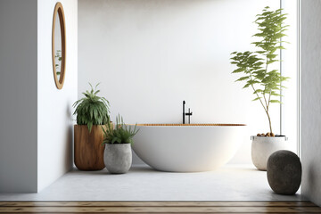 Close-up of bathroom with white concrete walls and tub on wooden decorating element. Mockup. Generative AI