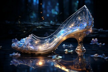 Glass slipper from fairy tales and legends. Background with selective focus and copy space - obrazy, fototapety, plakaty