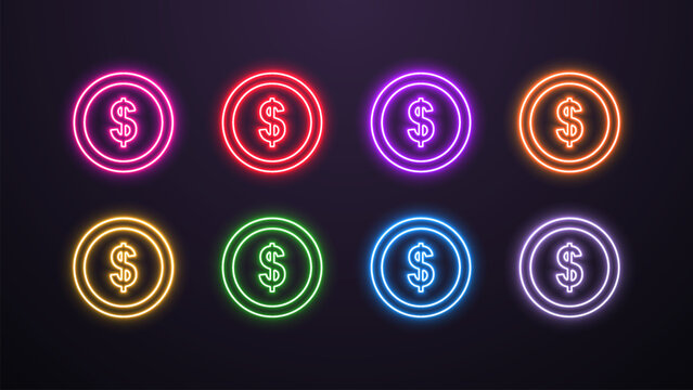 A set of neon glowing dollar coin icons in the colors blue, yellow, orange, red, green, white, pink and purple on a dark background. A concept for business and finance.
