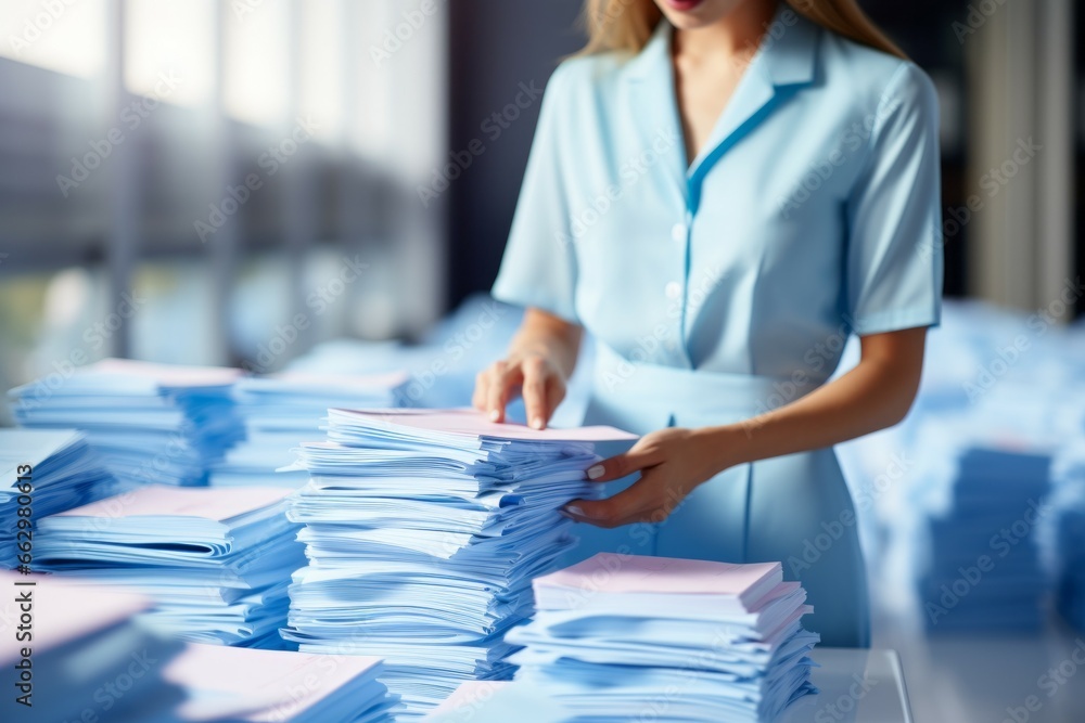 Poster paper files, office work. background with selective focus and copy space
