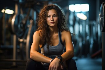 Fototapeta na wymiar Woman athlete in the gym. Portrait with selective focus and copy space