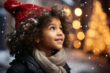 Child at the Christmas market. Portrait with selective focus and copy space