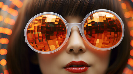 Woman wearing a pair of big round orange and red bug eye inspired sunglasses that reflect light like disco balls