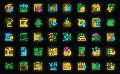Investment banking icons set outline vector. Money save. Grow income neon color on black