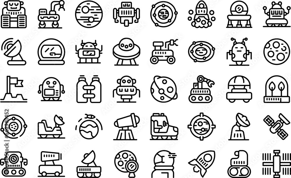 Poster robotics in space icons set outline vector. machine space. base station planet
