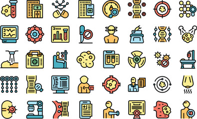 Precision medicine icons set outline vector. Medicine science. Dna molecule thin line color flat on white