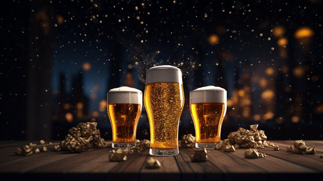 Verres de bi&egrave;re, alcool. Boisson fraiche pour occasion festive, chaleureuse, joyeuse. Nouvel an, anniversaire. 