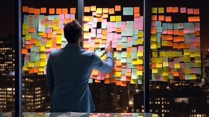 businessman working with brainstorming board full of sticky note from colleague	