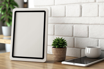 Illustration of a close-up of a digital tablet's blank screen with decorations on a wooden tabletop against a background of a white brick wall. Generative AI