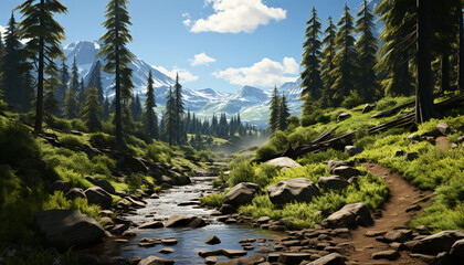 Tranquil scene  Majestic mountain range reflects in flowing water generated by AI