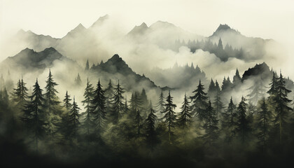 Mountain landscape with fog, trees, and grass in summer meadow generated by AI