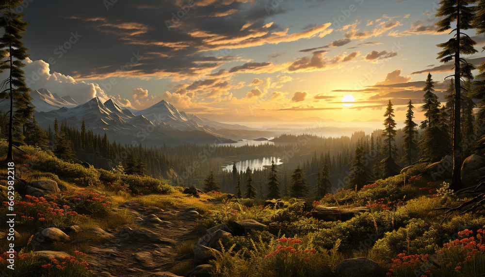 Poster Majestic mountain range, tranquil meadow, sunset sky, green forest generated by AI