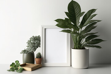a houseplant on a table with a mock-up picture frame against a white wall. Generative AI