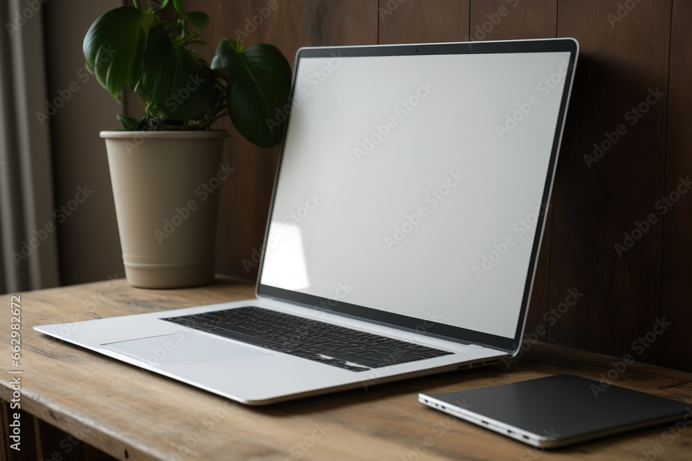 Poster notebook with a blank screen and laptop on a wooden table. generative ai