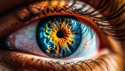 Close up of a blue iris staring at camera, reflecting beauty generated by AI