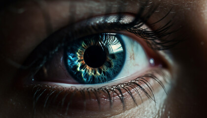 Close up of a Caucasian woman blue eye, staring at camera generated by AI