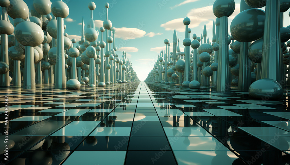 Poster futuristic skyscraper reflects modern cityscape in digitally generated image generated by ai
