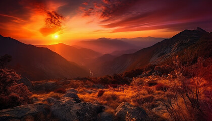 Majestic mountain range, tranquil meadow, orange sunset, heaven beauty generated by AI