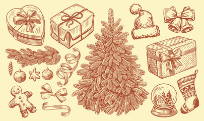 Christmas concept. Hand drawn retro objects for holiday decoration. Vintage sketch vector illustration